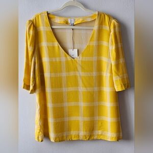 A New Day Women’s XXL Yellow Plaid Puff Shoulder Blouse V-Neck Top Plus Size NWT